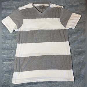 Straight Faded Men’s Grey & White Bold Striped V-Neck T-Shirt - Size 2XL